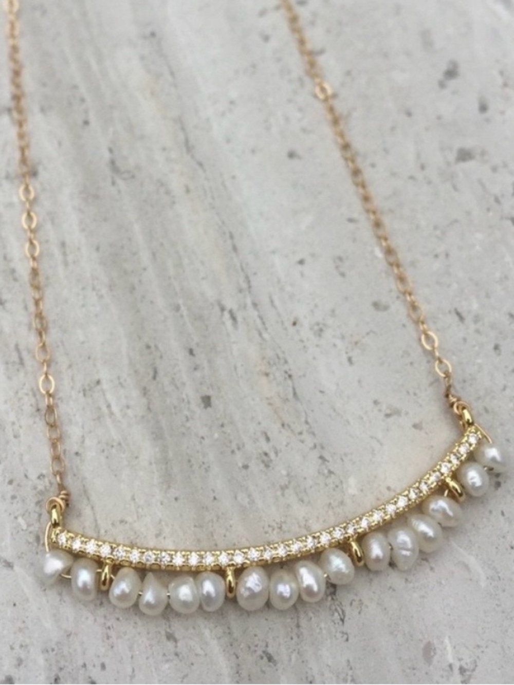 14K Gold over Sterling Silver Pearl Fringe Bar Necklace - Picture 4 of 9